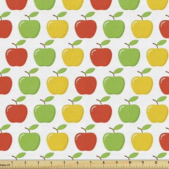Ambesonne Colorful Fabric by the Yard Upholstery, Apples and Leaves Summer, 3 Yards, Mustard Dark Pink and Green
