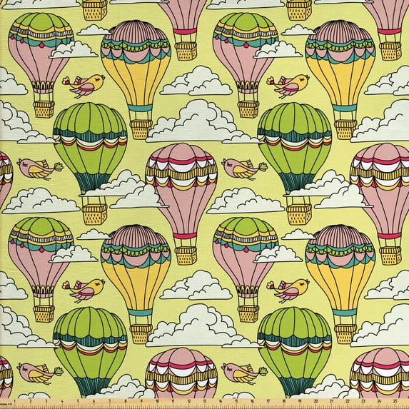 Colorful Sofa Upholstery Fabric by the Yard, Cartoon Style Illustration of Hot Air Balloons Birds and Clouds in the Sky, Decorative Fabric for DIY and Home Accents, Multicolor by Ambesonne