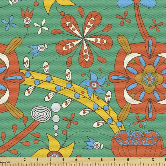 Colorful Sofa Upholstery Fabric by the Yard, Doodle Style Flower Drawing with Stripes and Dots Cartoony Nature Design, Decorative Fabric for DIY and Home Accents, Multicolor by Ambesonne