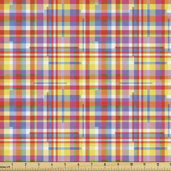 Ambesonne Colorful Fabric by the Yard Upholstery, Abstract Striped Plaid Art, 1 Yard, Multicolor