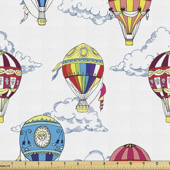 Ambesonne Vintage Fabric by the Yard Upholstery, Clouds Hot Air Balloons, 1 Yard, Multicolor