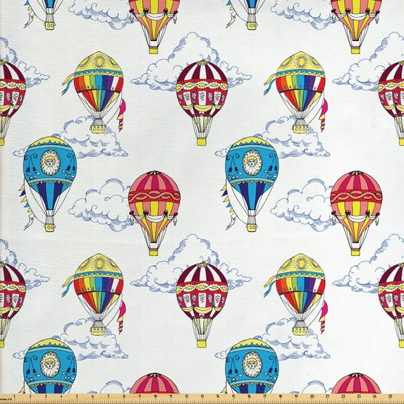 Colorful Sofa Upholstery Fabric by the Yard, Hand Drawn Sketches Clouds and Hot Air Balloons Playroom, Decorative Fabric for DIY and Home Accents, Multicolor by Ambesonne