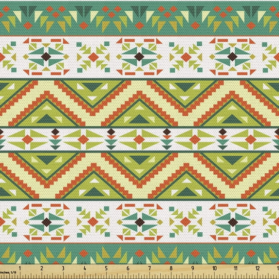 Ambesonne Colorful Fabric by the Yard Upholstery, Ethnic Geometric Shapes, 1 Yard, Pistachio Green Orange