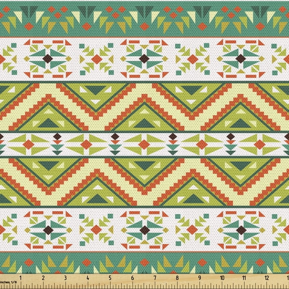 Ambesonne Colorful Fabric by the Yard Upholstery, Ethnic Geometric Shapes, 1 Yard, Pistachio Green Orange