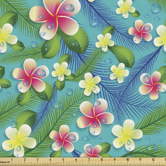 Ambesonne Colorful Fabric by the Yard Upholstery, Pastel Hibiscus Blossoms, 10 Yards, Teal Multicolor