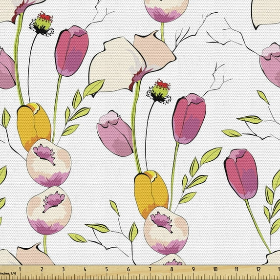 Colorful Sofa Upholstery Fabric by the Yard, Tulips and Poppy Flowers Romantic Arrangement Valentines Day Themed Illustration, Decorative Fabric for DIY and Home Accents, Multicolor by Ambesonne