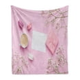 thumbnail image 1 of Colorful Soft Flannel Fleece Blanket, A Cup of Coffee Image Along Macaroons Packaged Gift and Flowers on Table, Cozy Plush for Indoor and Outdoor Use, 60" x 80", Baby Pink Multicolor, by Ambesonne, 1 of 5