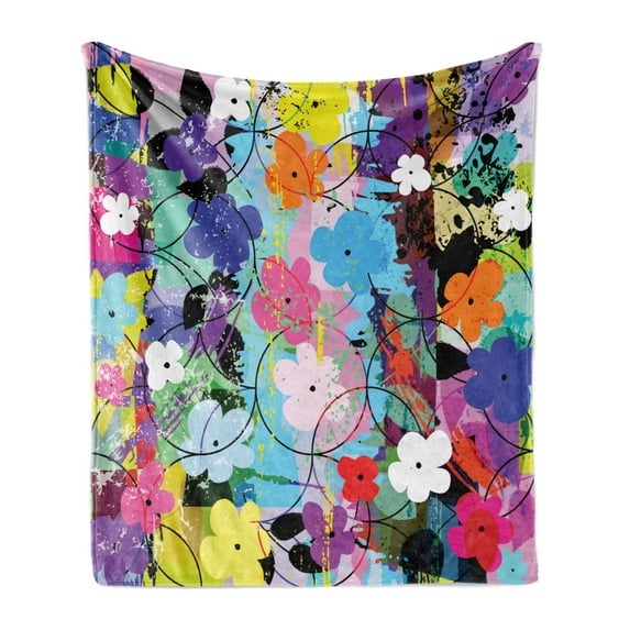 Colorful Soft Flannel Fleece Blanket, Abstract Flower Composition with Color Strokes Splashes Circles and Little Flowers, Cozy Plush for Indoor and Outdoor Use, 50" x 60", Multicolor, by Ambesonne
