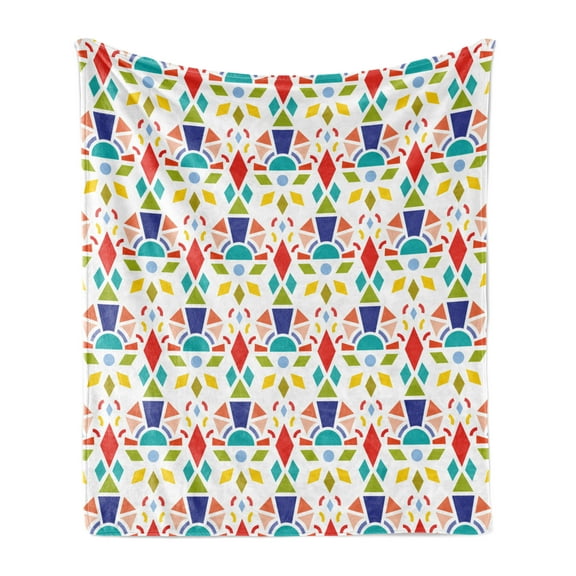 Colorful Soft Flannel Fleece Blanket, Abstract Geometric Shapes with Rhombus and Triangles on Plain Background, Cozy Plush for Indoor and Outdoor Use, 70" x 90", White and Multicolor, by Ambesonne