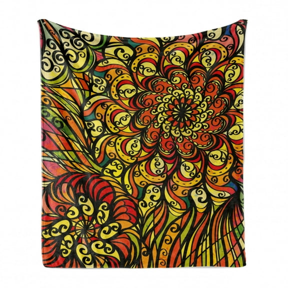 Colorful Soft Flannel Fleece Blanket, Abstract Vintage Style Curly Floral Design Spirals Swirled Petals Creative Vibrant, Cozy Plush for Indoor and Outdoor Use, 60" x 80", Multicolor, by Ambesonne