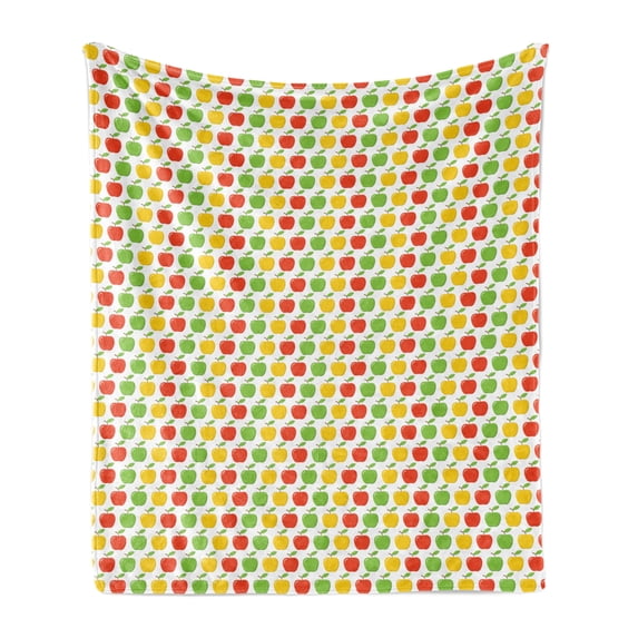 Colorful Soft Flannel Fleece Blanket, Apples and Leaves Summer Harvesting Healthy Eating Tasty Graphic, Cozy Plush for Indoor and Outdoor Use, 50" x 70", Mustard Dark Pink and Green, by Ambesonne