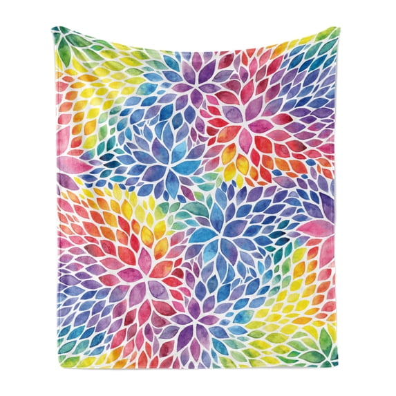 Colorful Soft Flannel Fleece Blanket, Blossoming Nature Rainbow Colored Foliage in Watercolor Style Spring Illustration, Cozy Plush for Indoor and Outdoor Use, 70" x 90", Multicolor, by Ambesonne