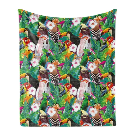 Colorful Soft Flannel Fleece Blanket, Exotic Composition of Bird Toucan Parrot Hoopoe Palm Leaves and Hibiscus Flowers, Cozy Plush for Indoor and Outdoor Use, 60" x 80", Multicolor, by Ambesonne