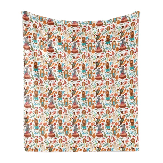 Colorful Soft Flannel Fleece Blanket, Forest Animals and Foliage Pattern with Fox Wolf Snail and Mosquito Cartoon Jungle, Cozy Plush for Indoor and Outdoor Use, 60" x 80", Multicolor, by Ambesonne