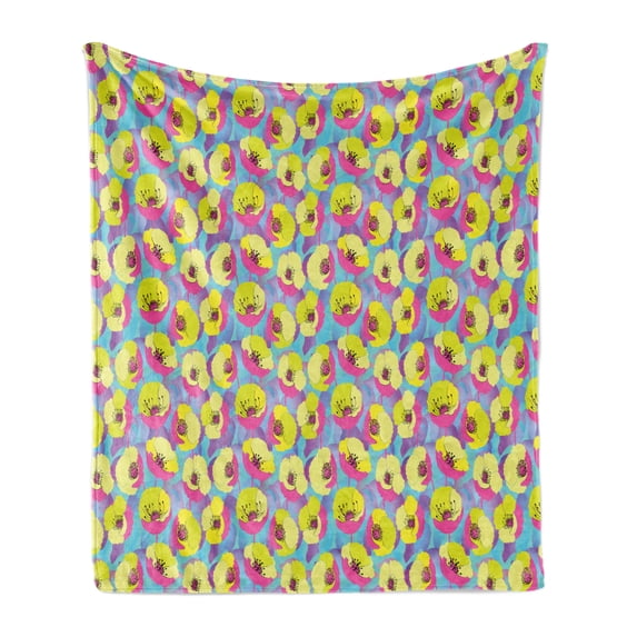 Colorful Soft Flannel Fleece Blanket, Graphic Designed Ornamental Abstract Toned Cheery Numerous Poppy Flowers Pattern, Cozy Plush for Indoor and Outdoor Use, 60" x 80", Multicolor, by Ambesonne