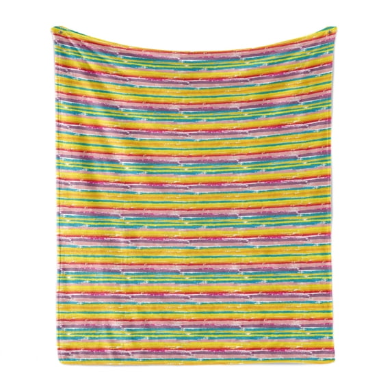 Colorful Soft Flannel Fleece Blanket, Hand Drawn Brush Marks with Rainbow Theme Paint Smear Stripes Design Worn out Look, Cozy Plush for Indoor and Outdoor Use, 50" x 70", Multicolor, by Ambesonne
