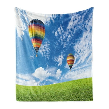 Colorful Soft Flannel Fleece Blanket, Hot Air Balloons Over Green Fields and Cloudy Sky on Background Image, Cozy Plush for Indoor and Outdoor Use, 50" x 60", Azure Blue Multicolor, by Ambesonne