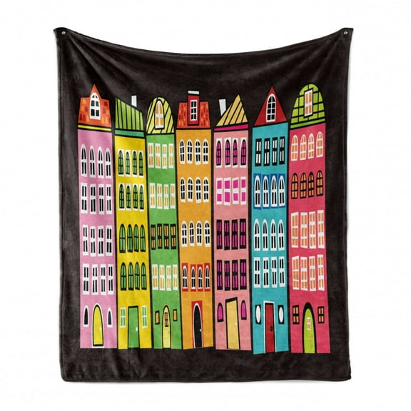 Colorful Soft Flannel Fleece Blanket, Illustration of the Cityscape Apartment Buildings European Architecture Urban Life, Cozy Plush for Indoor and Outdoor Use, 50" x 70", Multicolor, by Ambesonne