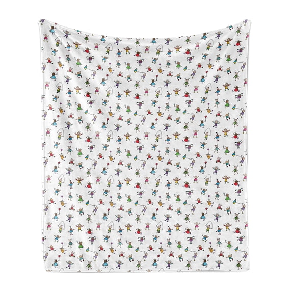 Colorful Soft Flannel Fleece Blanket, Kids Playing in the Field Doodle Colorful Cartoon Style Children Having Fun Image, Cozy Plush for Indoor and Outdoor Use, 60" x 80", Multicolor, by Ambesonne