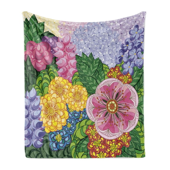 Colorful Soft Flannel Fleece Blanket, Nature Flower Petals Florets Vintage Romantic Buds Summer Blooms Feminine Design, Cozy Plush for Indoor and Outdoor Use, 50" x 60", Lilac Green, by Ambesonne