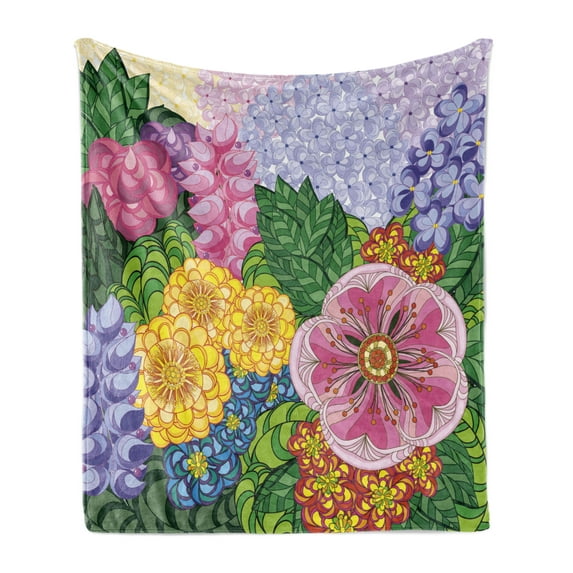 Colorful Soft Flannel Fleece Blanket, Nature Flower Petals Florets Vintage Romantic Buds Summer Blooms Feminine Design, Cozy Plush for Indoor and Outdoor Use, 50" x 60", Lilac Green, by Ambesonne