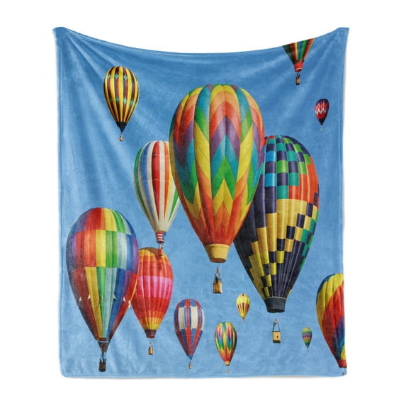 Colorful Soft Flannel Fleece Blanket, Nostalgic Hot Air Balloons in Sky Flying Journey Fun Adventure Traditional Hobby Theme, Cozy Plush for Indoor and Outdoor Use, 50" x 60", Blue, by Ambesonne