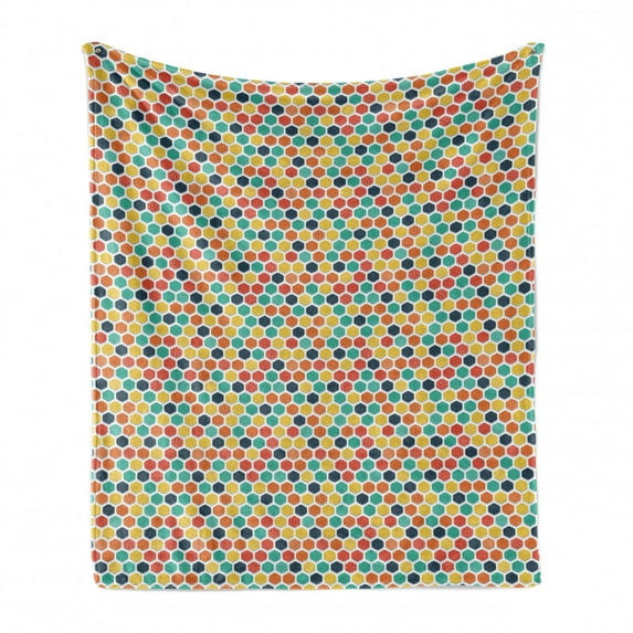 Colorful Soft Flannel Fleece Blanket, Pattern with Multicolored and Dotted Hexagons Retro Style Geometric Design Print, Cozy Plush for Indoor and Outdoor Use, 50" x 70", Multicolor, by Ambesonne