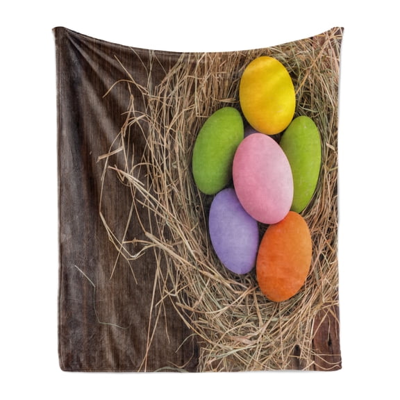 Colorful Soft Flannel Fleece Blanket, Pattern of a Top View Shot Image of Easter Eggs in a Nest on a Wooden Background, Cozy Plush for Indoor and Outdoor Use, 60" x 80", Multicolor, by Ambesonne