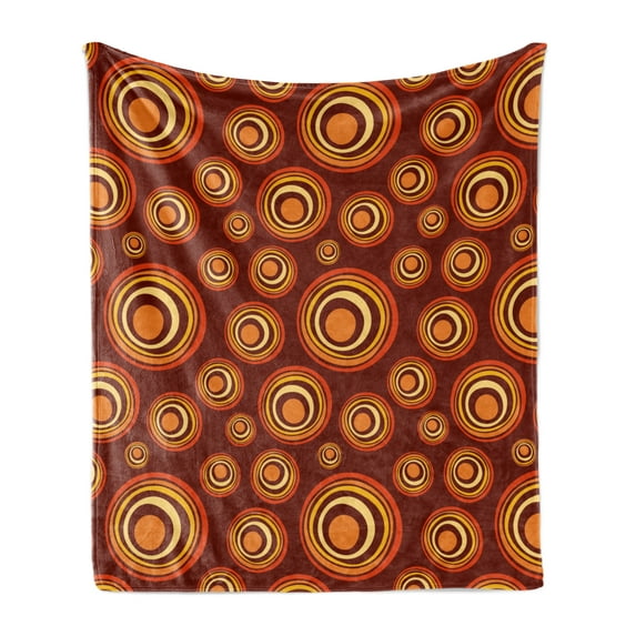 Colorful Soft Flannel Fleece Blanket, Retro Tribal Motifs from Concentric Asymmetrical Circles Shapes, Cozy Plush for Indoor and Outdoor Use, 50" x 60", Burgundy Marigold and Cream, by Ambesonne