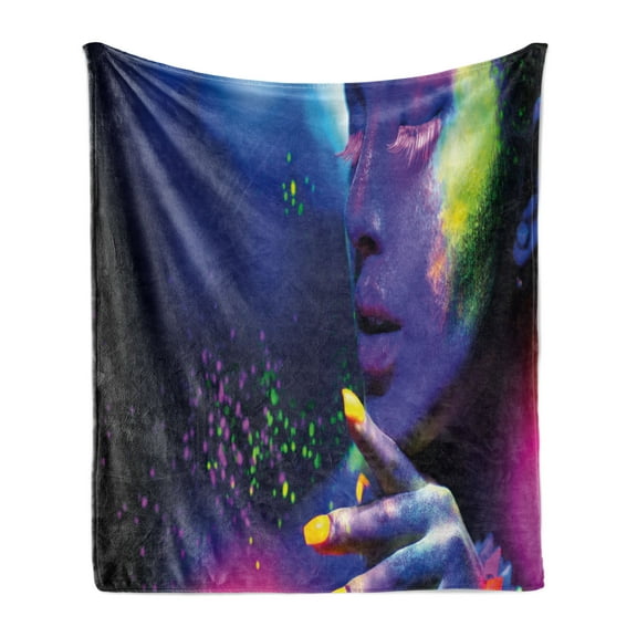 Colorful Soft Flannel Fleece Blanket, Silhouette of a Woman with Closed Eyes and Unusual Makeup Modern Artwork, Cozy Plush for Indoor and Outdoor Use, 50" x 70", Dark Blue Multicolor, by Ambesonne