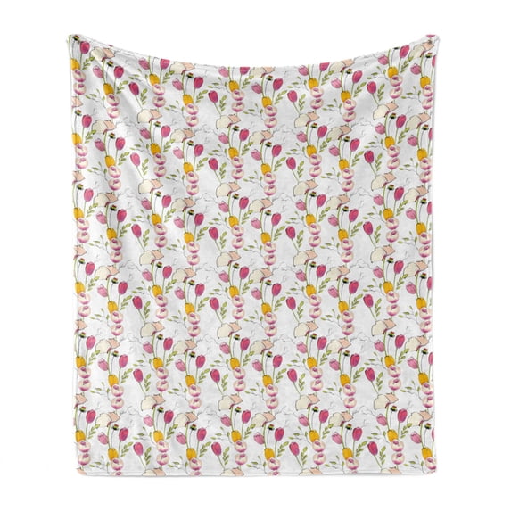Colorful Soft Flannel Fleece Blanket, Tulips and Poppy Flowers Romantic Arrangement Valentines Day Themed Illustration, Cozy Plush for Indoor and Outdoor Use, 50" x 70", Multicolor, by Ambesonne