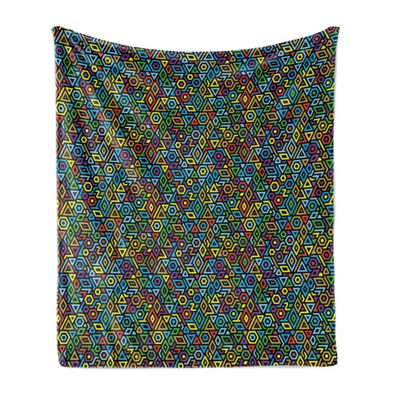 Colorful Soft Flannel Fleece Blanket, Various Different Geometrical Shapes Rich in Color Complex Mosaic Structure Print, Cozy Plush for Indoor and Outdoor Use, 70" x 90", Multicolor, by Ambesonne