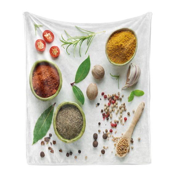 Colorful Soft Flannel Fleece Blanket, Various Herbs Spices and Dried Foods Culinary Theme Image Top View, Cozy Plush for Indoor and Outdoor Use, 50" x 60", Off White and Multicolor, by Ambesonne