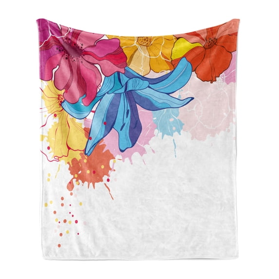 Colorful Soft Flannel Fleece Blanket, Vibrant Colored Different Flowers Blooming Spring and Summer Themed Drawing Style, Cozy Plush for Indoor and Outdoor Use, 50" x 70", Multicolor, by Ambesonne