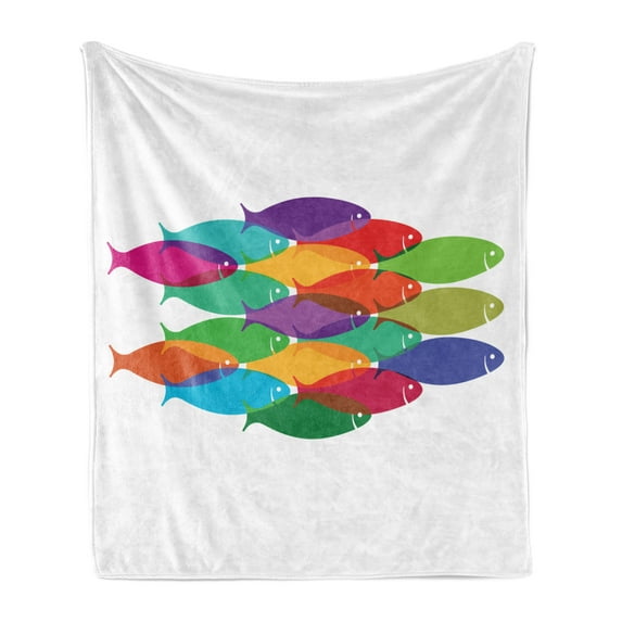 Colorful Soft Flannel Fleece Blanket, Vibrant Colored Fish Silhouettes Shoal Exotic Underwater Wildlife Inspired Theme, Cozy Plush for Indoor and Outdoor Use, 50" x 60", Multicolor, by Ambesonne