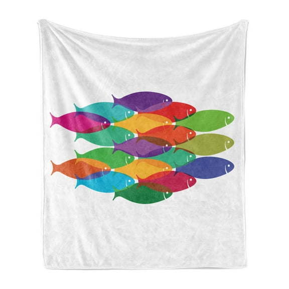 Colorful Soft Flannel Fleece Blanket, Vibrant Colored Fish Silhouettes Shoal Exotic Underwater Wildlife Inspired Theme, Cozy Plush for Indoor and Outdoor Use, 50" x 70", Multicolor, by Ambesonne