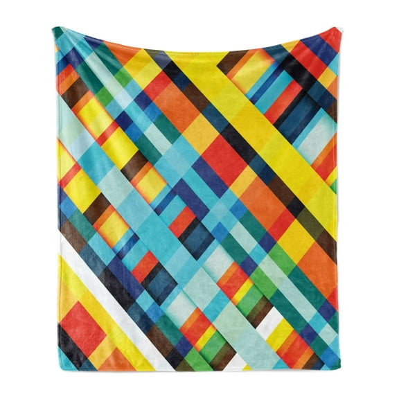 Colorful Soft Flannel Fleece Blanket, Vivid Colored Lines Stripes with Diagonal Elements Retro Layout with Modern Touch, Cozy Plush for Indoor and Outdoor Use, 60" x 80", Multicolor, by Ambesonne