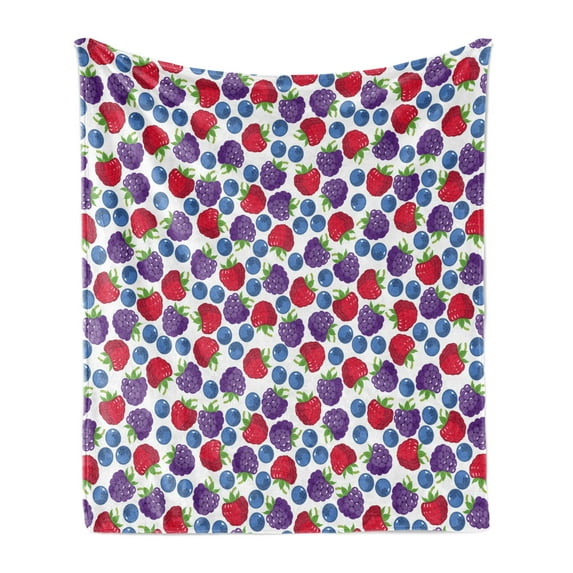 Colorful Soft Flannel Fleece Blanket, Wild Fruits Composition Raspberry Blueberry and Blackberry Fresh Healthy Options, Cozy Plush for Indoor and Outdoor Use, 70" x 90", Multicolor, by Ambesonne