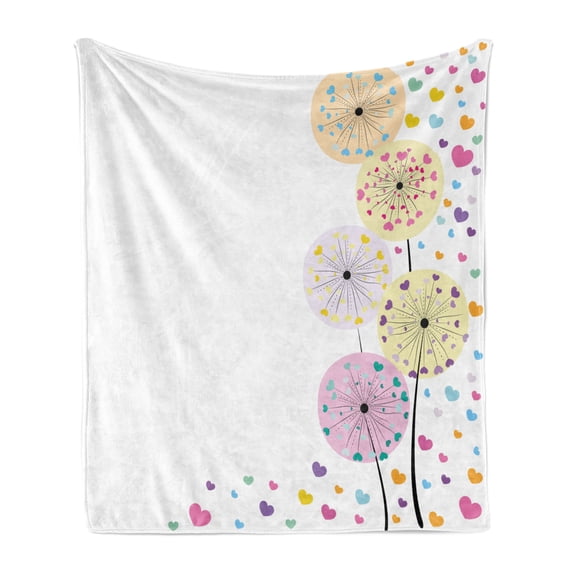 Colorful Soft Flannel Fleece Throw Blanket, Abstract Dandelion Flowers with Hearts Inside Floral Cartoon Romantic Artwork, Cozy Plush for Indoor and Outdoor Use, 50" x 60", Multicolor, by Ambesonne