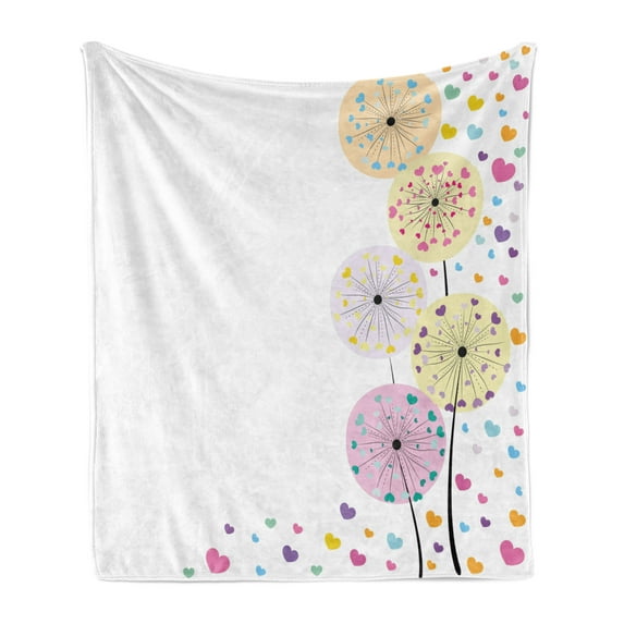 Colorful Soft Flannel Fleece Throw Blanket, Abstract Dandelion Flowers with Hearts Inside Floral Cartoon Romantic Artwork, Cozy Plush for Indoor and Outdoor Use, 60" x 80", Multicolor, by Ambesonne