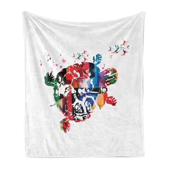 Colorful Soft Flannel Fleece Throw Blanket, Abstract Turtle with Hummingbirds and Musical Notes Digital Illustration, Cozy Plush for Indoor and Outdoor Use, 60" x 80", Multicolor, by Ambesonne