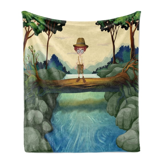 Colorful Soft Flannel Fleece Throw Blanket, Adventurous Kid Standing Above the Trunk at the River Outdoor Activity Cartoon, Cozy Plush for Indoor and Outdoor Use, 60" x 80", Multicolor, by Ambesonne