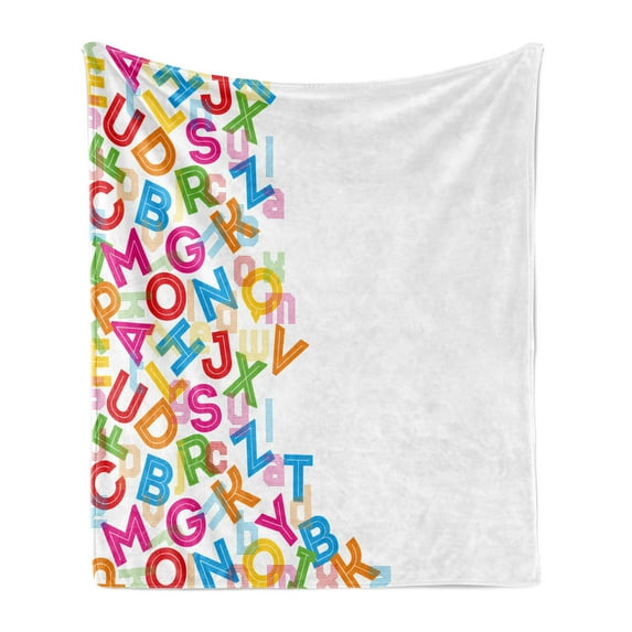 Colorful Soft Flannel Fleece Throw Blanket, Alphabet Background Design with Letter Words Literature Textured Fun Print, Cozy Plush for Indoor and Outdoor Use, 60" x 80", Multicolor, by Ambesonne