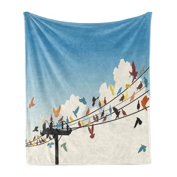 Colorful Soft Flannel Fleece Throw Blanket, Animal Theme Silhouettes of Colorful Birds Roosting on Telegraph Wires Pattern, Cozy Plush for Indoor and Outdoor Use, 50" x 60", Multicolor, by Ambesonne