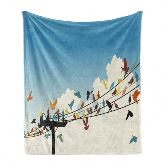 Colorful Soft Flannel Fleece Throw Blanket, Animal Theme Silhouettes of Colorful Birds Roosting on Telegraph Wires Pattern, Cozy Plush for Indoor and Outdoor Use, 60" x 80", Multicolor, by Ambesonne