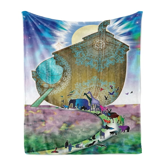Colorful Soft Flannel Fleece Throw Blanket, Animals of the World Old Story on Night Sea Mandala Patterns Art Work, Cozy Plush for Indoor and Outdoor Use, 50" x 70", Multicolor, by Ambesonne