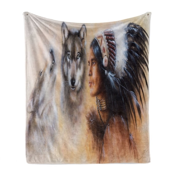 Colorful Soft Flannel Fleece Throw Blanket, Blur Mystic Painting of Young Native Man Feather Wolves, Cozy Plush for Indoor and Outdoor Use, 50" x 70", Multicolor, by Ambesonne