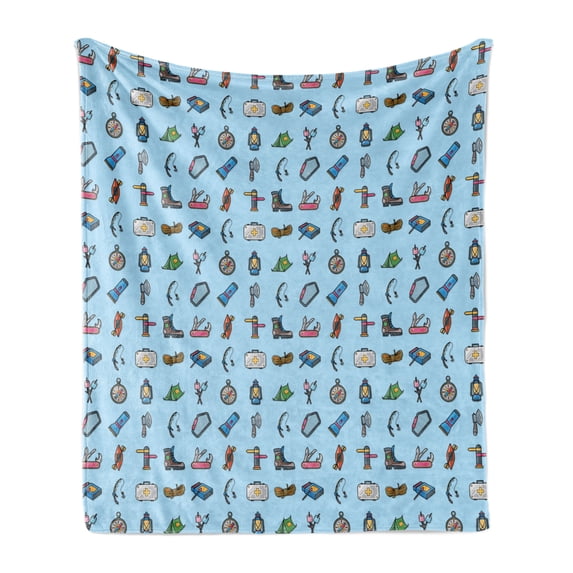 Colorful Soft Flannel Fleece Throw Blanket, Camping Equipment Hiking Boots Compass Binoculars Rope Matches Sleeping Bag, Cozy Plush for Indoor and Outdoor Use, 60" x 80", Multicolor, by Ambesonne