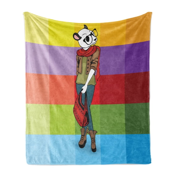Colorful Soft Flannel Fleece Throw Blanket, Cartoon Fox with Fashion Clothes in Human Form Hipster Animal Colorful Print, Cozy Plush for Indoor and Outdoor Use, 70" x 90", Multicolor, by Ambesonne