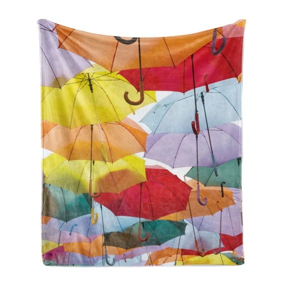 Colorful Soft Flannel Fleece Throw Blanket, Close up Happy Photo Hanged High Vivid Umbreallas Rainy Autumn Day Themed, Cozy Plush for Indoor and Outdoor Use, 60" x 80", Multicolor, by Ambesonne